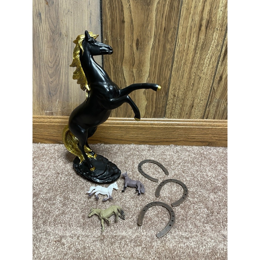 Rearing Horse Resin Sculpture Black Gold Highlights Derby 11.6" Centerpiece 7 Pc
